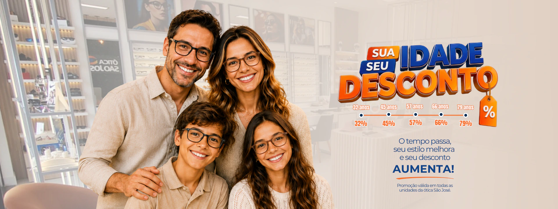 Sua Idade, Seu Desconto. O tempo passa, seu estilo melhora e seu desconto aumenta.